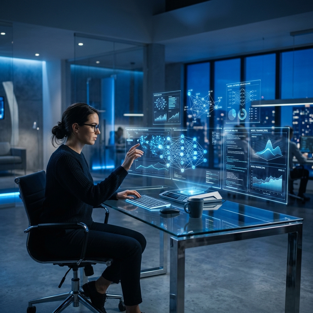 AI workspace at 360xai — futuristic holographic data environment